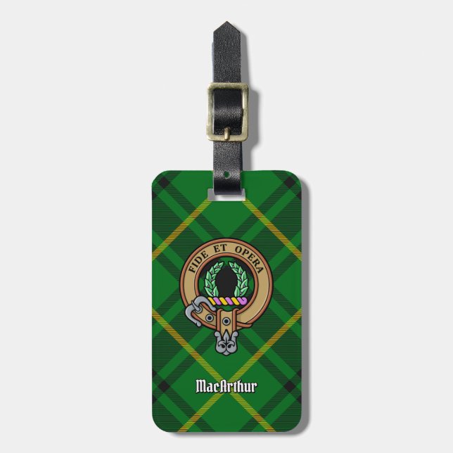 Clan MacArthur Wappen über Tartan Gepäckanhänger (Vorderseite vertikal)
