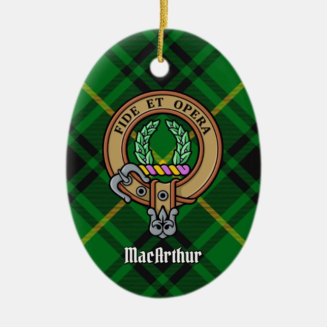Clan MacArthur Wappen über Tartan Keramik Ornament (Vorne)