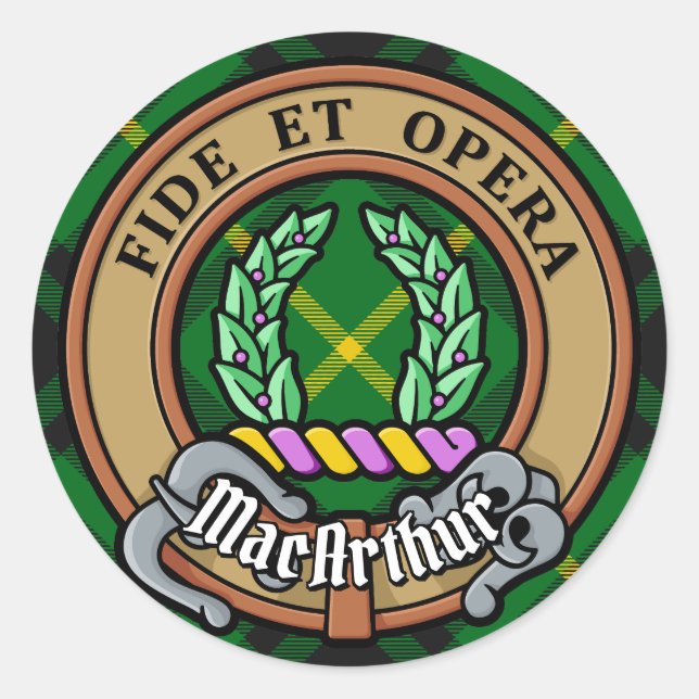 Clan MacArthur Wappen über Tartan Runder Aufkleber (Vorderseite)