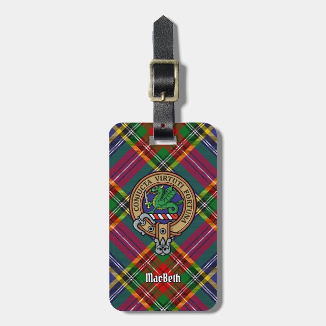 Clan MacBeth Wappen über Tartan Gepäckanhänger (Vorderseite vertikal)