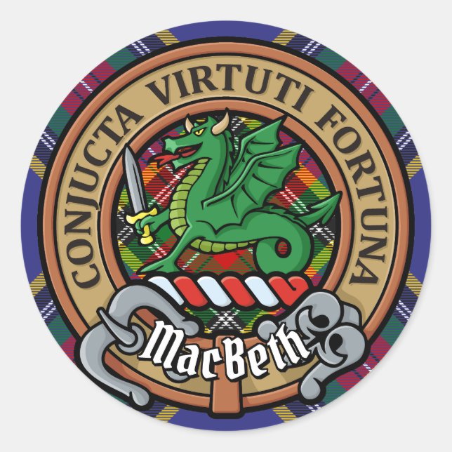 Clan MacBeth Wappen über Tartan Runder Aufkleber (Vorderseite)