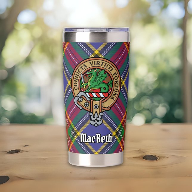 Clan MacBeth Wappen über Tartan Thermobecher (Von Creator hochgeladen)