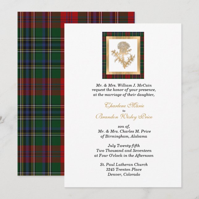 Clan MacClain Thistle Tartan Wedding Einladung (Vorne/Hinten)