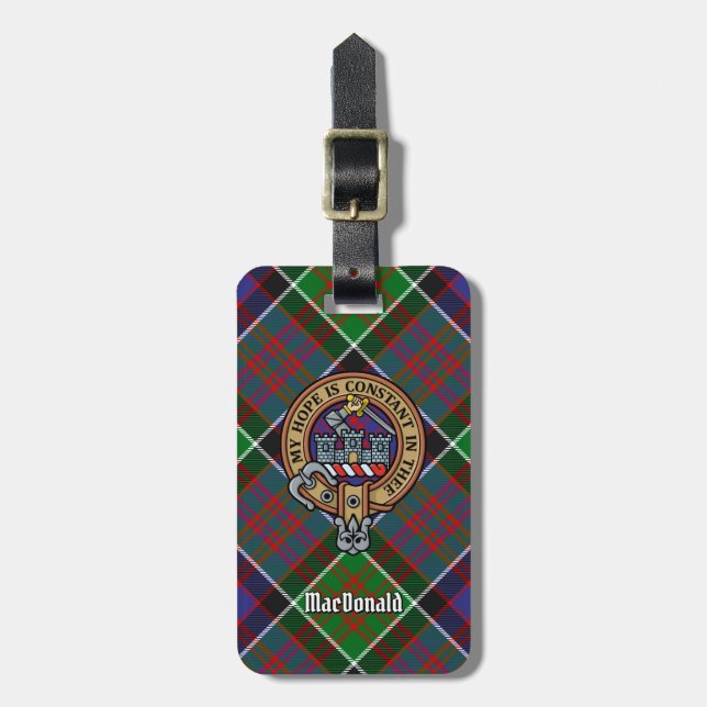 Clan MacDonald von Clanranald Wappen über Tartan Gepäckanhänger (Vorderseite vertikal)
