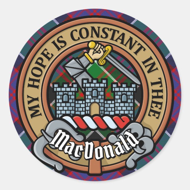 Clan MacDonald von Clanranald Wappen über Tartan Runder Aufkleber (Vorderseite)