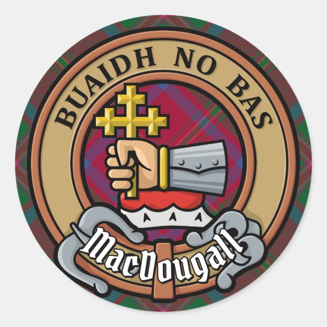 Clan MacDougall Wappen über Tartan Runder Aufkleber (Vorderseite)