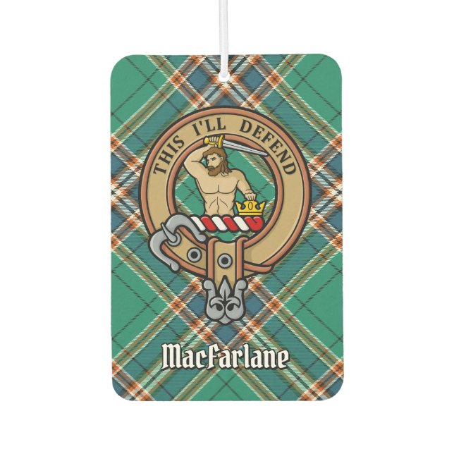 Clan MacFarlane Wappen über antikes Jagdtartan Autolufterfrischer (Vorderseite)
