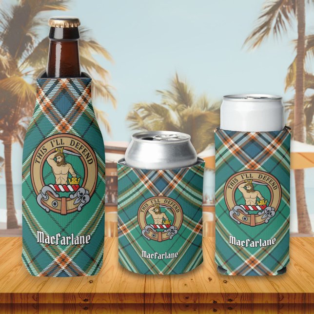 Clan MacFarlane Wappen über antikes Jagdtartan Flaschenkühler (Von Creator hochgeladen)