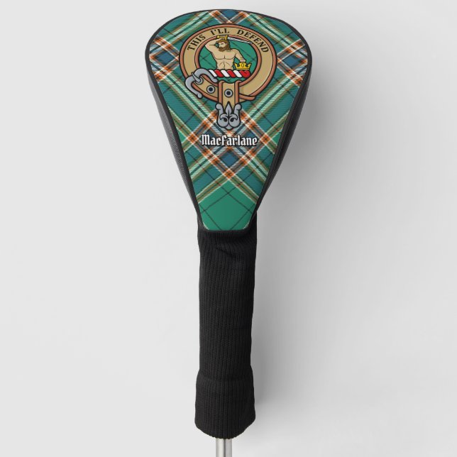 Clan MacFarlane Wappen über antikes Jagdtartan Golf Headcover (Vorderseite)
