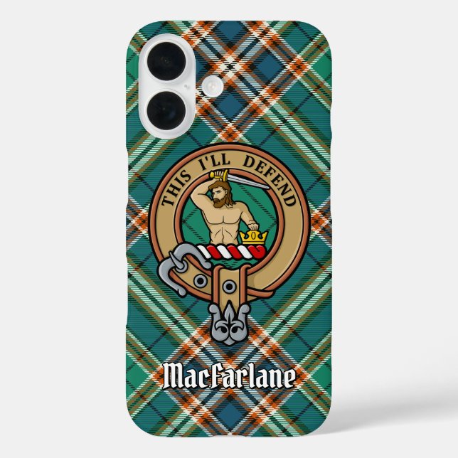 Clan MacFarlane Wappen über antikes Jagdtartan iPhone 16 Hülle (Rückseite)