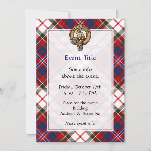 Clan MacFarlane Wappen über Dress Tartan Einladung (Vorderseite)