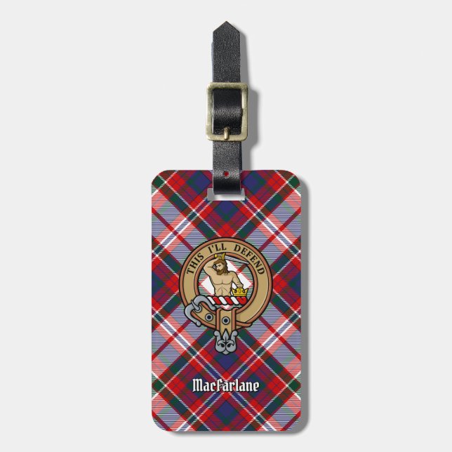 Clan MacFarlane Wappen über Dress Tartan Gepäckanhänger (Vorderseite vertikal)