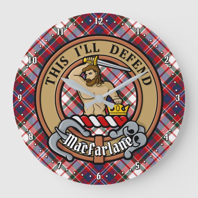 Clan MacFarlane Wappen über Dress Tartan Große Wanduhr (Vorderseite)