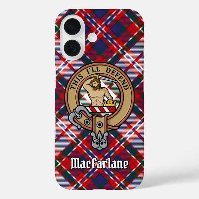 Clan MacFarlane Wappen über Dress Tartan iPhone 16 Hülle (Rückseite)