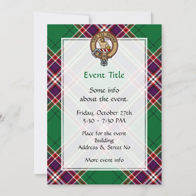 Clan MacFarlane Wappen über Modern Hunting Tartan Einladung (Vorderseite)