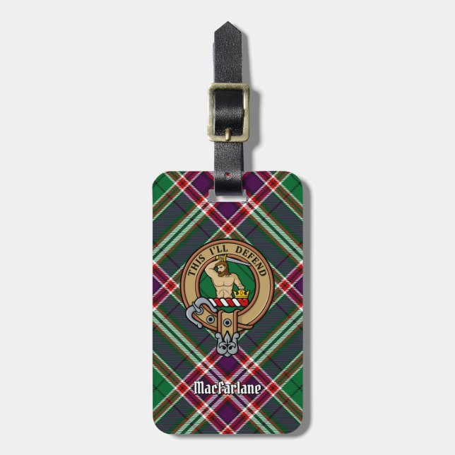 Clan MacFarlane Wappen über Modern Hunting Tartan Gepäckanhänger (Vorderseite vertikal)
