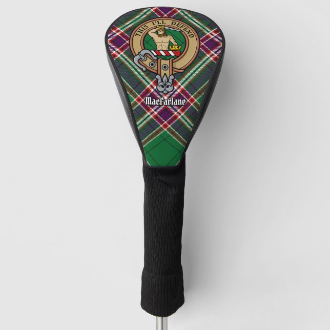 Clan MacFarlane Wappen über Modern Hunting Tartan Golf Headcover (Vorderseite)