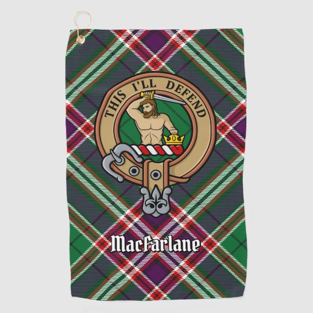 Clan MacFarlane Wappen über Modern Hunting Tartan Golfhandtuch (Vorderseite)