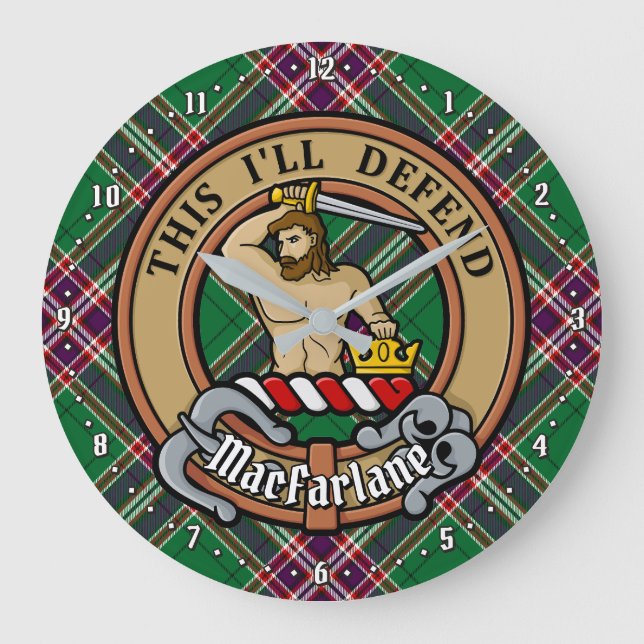 Clan MacFarlane Wappen über Modern Hunting Tartan Große Wanduhr (Vorderseite)