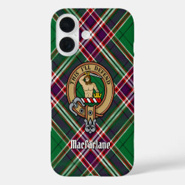 Clan MacFarlane Wappen über Modern Hunting Tartan iPhone 16 Hülle