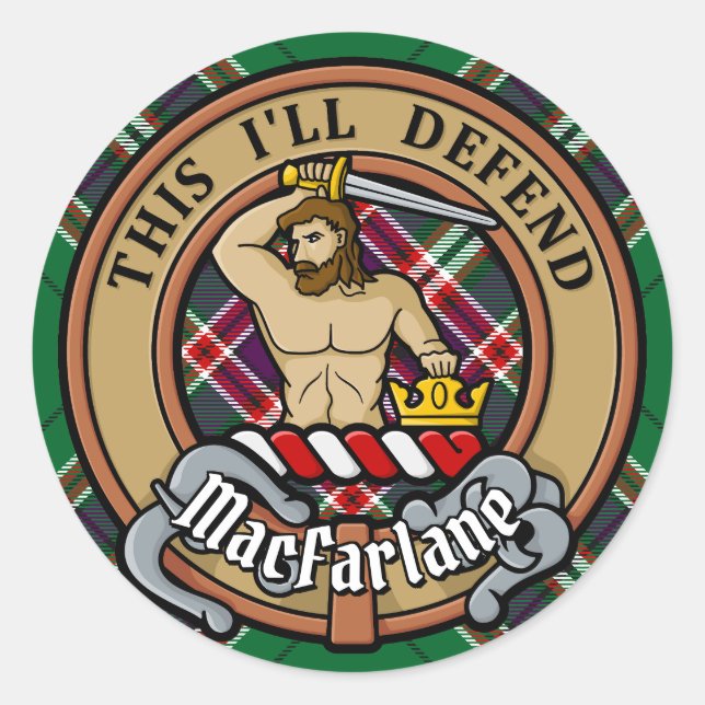 Clan MacFarlane Wappen über Modern Hunting Tartan Runder Aufkleber (Vorderseite)