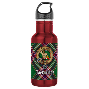 Clan MacFarlane Wappen über modernem Jagdtartan Edelstahlflasche