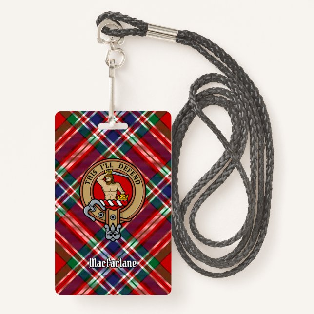 Clan MacFarlane Wappen über Red Tartan Ausweis (Vorderseite mit Schlüsselband)