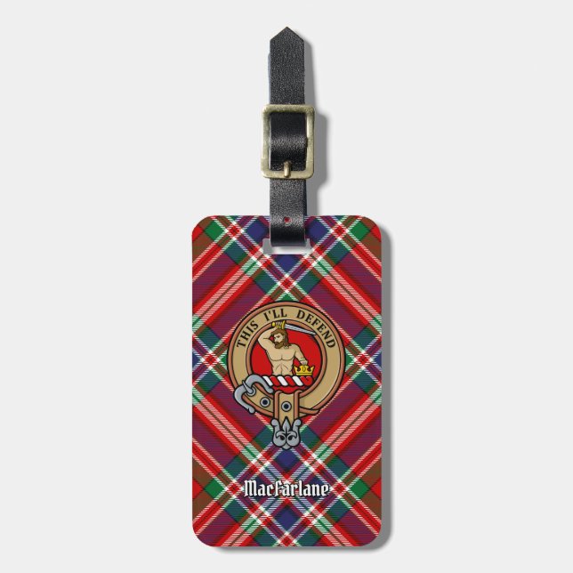 Clan MacFarlane Wappen über Red Tartan Gepäckanhänger (Vorderseite vertikal)