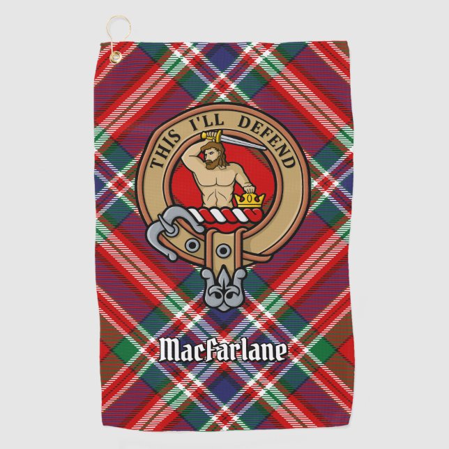 Clan MacFarlane Wappen über Red Tartan Golfhandtuch (Vorderseite)