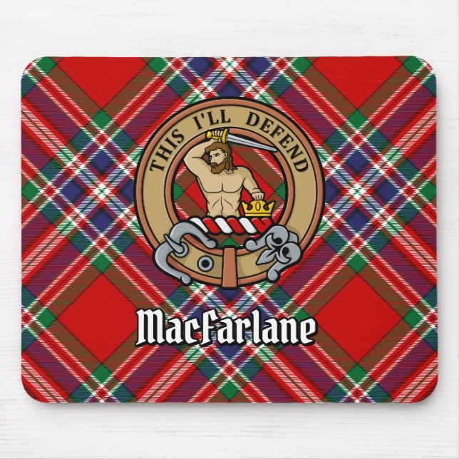 Clan MacFarlane Wappen über Red Tartan Mousepad (Vorne)