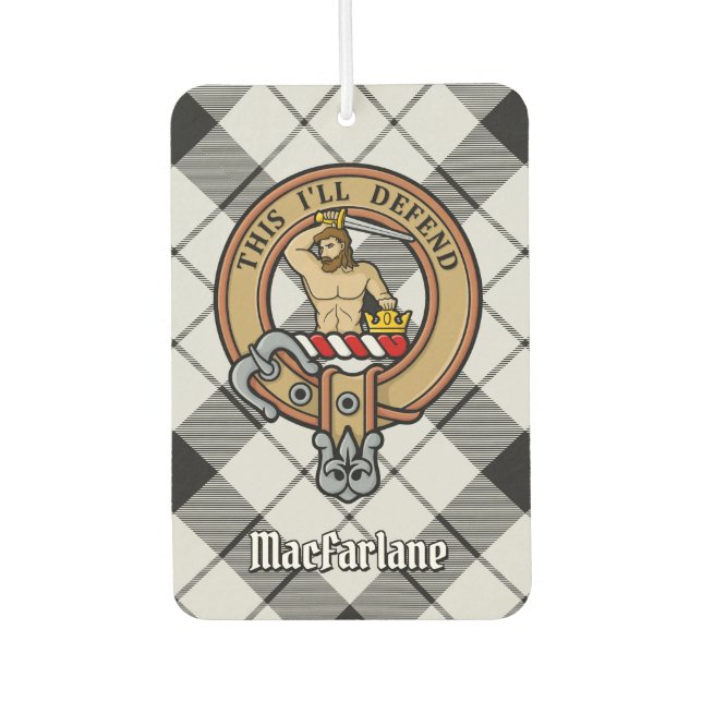 Clan MacFarlane Wappen über Schwarz-Weiß-Tartan Autolufterfrischer (Vorderseite)