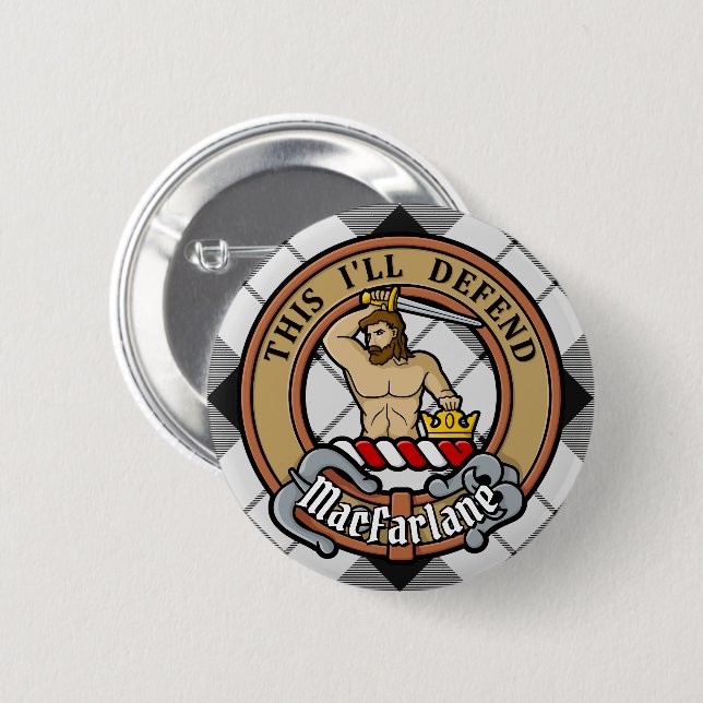 Clan MacFarlane Wappen über Schwarz-Weiß-Tartan Button (Vorne & Hinten)
