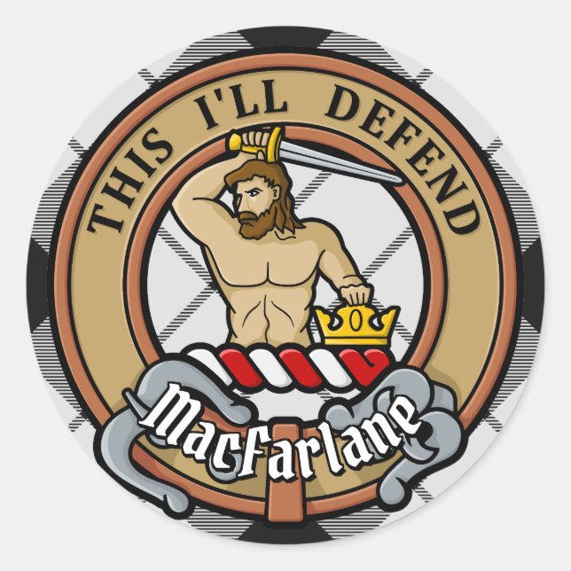 Clan MacFarlane Wappen über Schwarz-Weiß-Tartan Runder Aufkleber (Vorderseite)