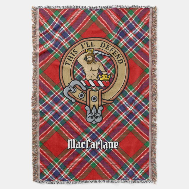Clan MacFarlane-Wappen über Tartan Decke (Vorderseite Vertikal)