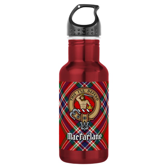 Clan MacFarlane Wappen über Tartan Edelstahlflasche (Vorderseite)