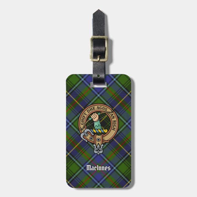 Clan MacInnes Wappen über Tartan Gepäckanhänger (Vorderseite vertikal)
