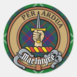 Clan MacIntyre Wappen über Jagd auf Tartan Runder Aufkleber
