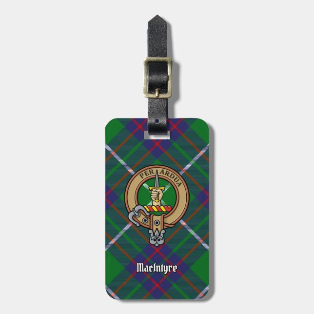 Clan MacIntyre Wappen über Tartan Gepäckanhänger (Vorderseite vertikal)
