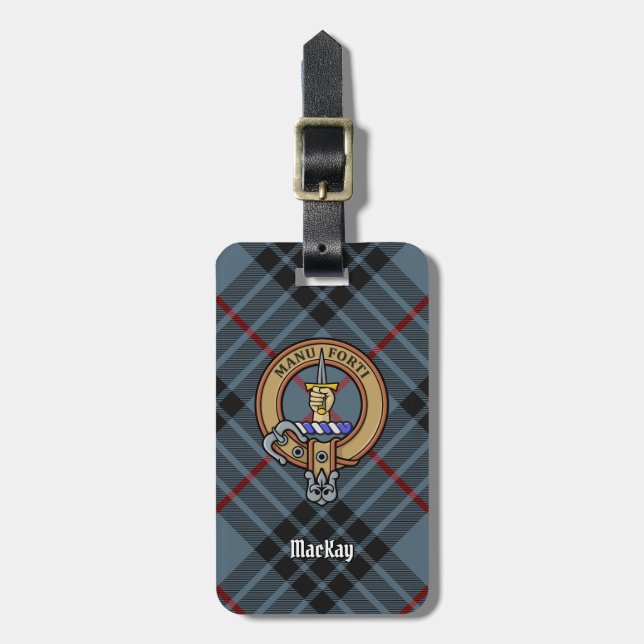Clan MacKay Wappen über Blue Tartan Gepäckanhänger (Vorderseite vertikal)