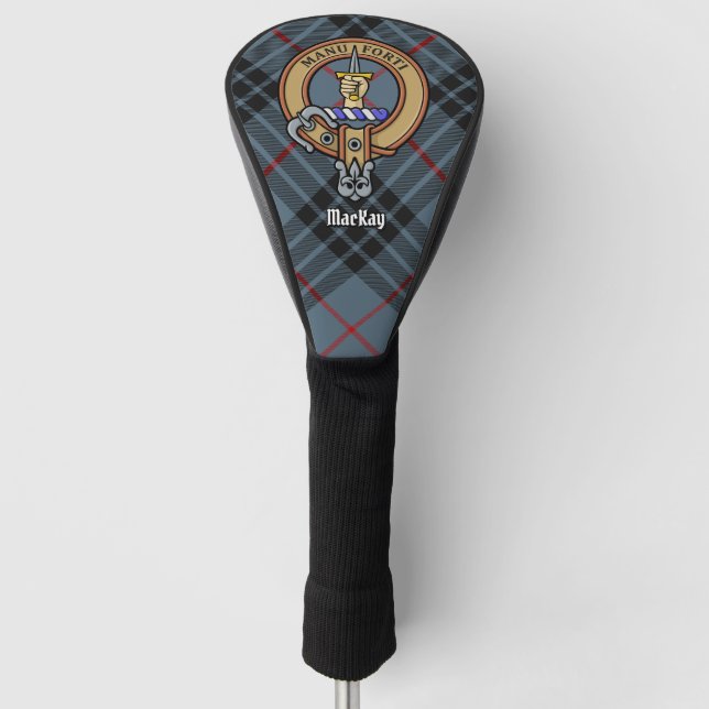Clan MacKay Wappen über Blue Tartan Golf Headcover (Vorderseite)