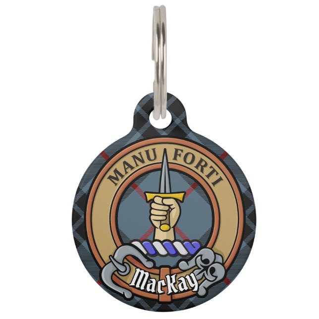 Clan MacKay Wappen über Blue Tartan Haustiermarke (Vorderseite)