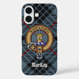 Clan MacKay Wappen über Blue Tartan iPhone 16 Hülle