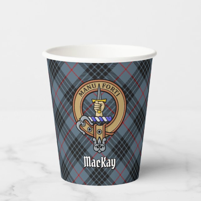 Clan MacKay Wappen über Blue Tartan Pappbecher (Vorderseite)
