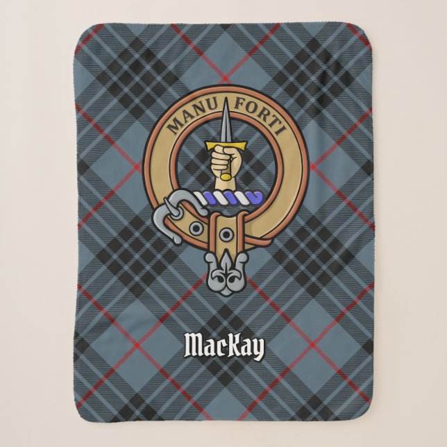 Clan MacKay Wappen über Blue Tartan Sherpadecke (Vorderseite)