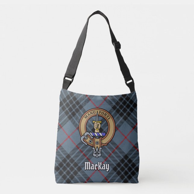 Clan MacKay Wappen über Blue Tartan Tragetaschen Mit Langen Trägern (Vorderseite)