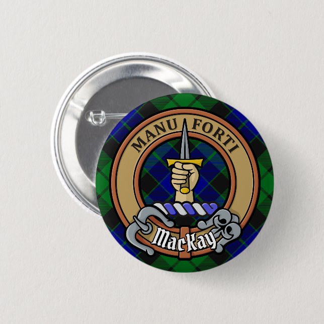 Clan MacKay Wappen über Tartan Button (Vorne & Hinten)