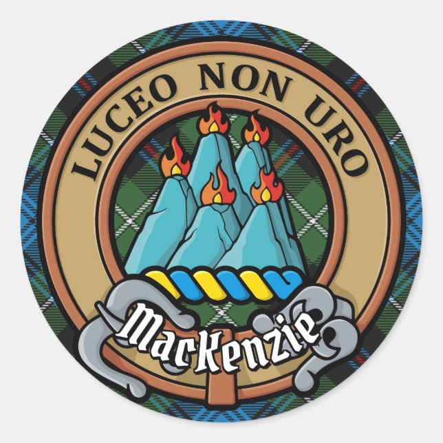 Clan MacKenzie Wappen über Tartan Runder Aufkleber (Vorderseite)