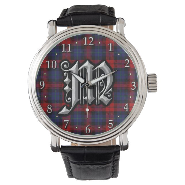 Clan MacLachlan Letter M Monogram Red Blue Tartan Armbanduhr (Vorderseite)