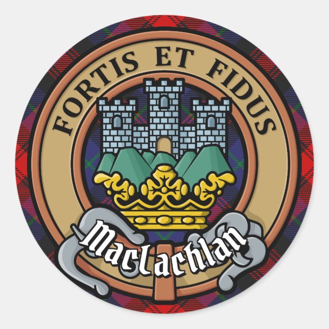 Clan MacLachlan Wappen über Tartan Runder Aufkleber (Vorderseite)