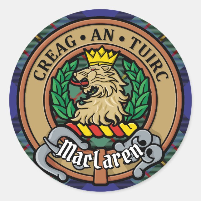 Clan MacLaren Wappen über Tartan Runder Aufkleber (Vorderseite)
